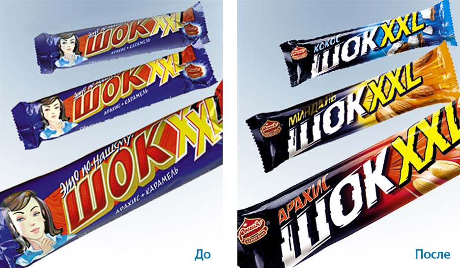 Два набора оберток для плиток российского шоколада показаны рядом. Проект дизайн-концепции выполнен брендинговым агентством Soldis