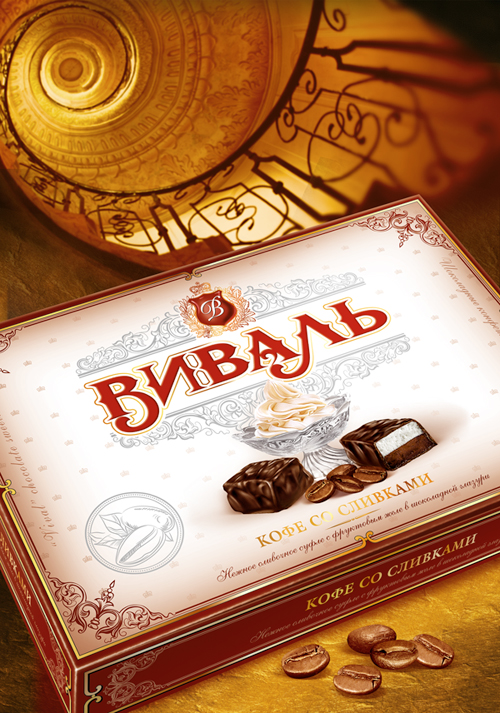 Коробка конфет Vival от Soldis, на упаковке которой изображены шоколад и кофейные зерна, на фоне золотой, богато украшенной винтовой лестницы. Текст на коробке на русском языке.