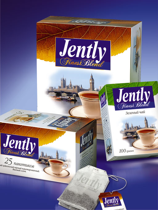 На витрине коробки и пакетик чая Jently Finest Blend, на упаковке изображены панорама Лондона и чашка чая. Основные цвета: белый, коричневый, зеленый, фиолетовый, виден логотип Soldis.