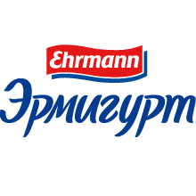 Логотип со словом Ehrmann белым текстом на красном фоне над словом Эрмигурт синим кириллическим шрифтом, все на белом фоне. Создано Soldis.