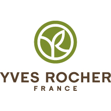 Логотип Yves Rocher France с зеленой круглой эмблемой со стилизованным листом и стеблем, над которым жирным коричневым шрифтом написано название бренда «YVES ROCHER FRANCE», разработанное совместно с Soldis.