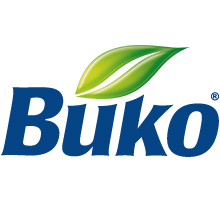 На изображении изображен логотип Buko, на котором слово Buko написано жирными синими буквами с зеленым листом над буквой u, представленный Soldis.